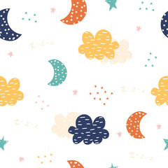 Cute seamless pattern with night sky. Kids bedtime print. Vector hand drawn illustration.