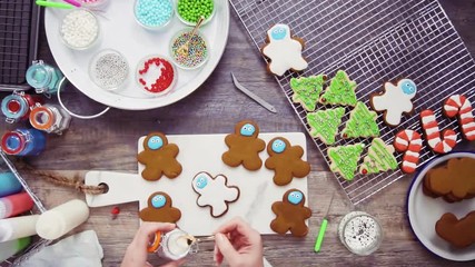 Poster - Flat lay. Step by step. Decorating gingerbread and sugar cookies with royal icing for Christmas.