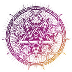 Stylish pentagram with goat skulls and star rays. Vector hand crafted illustration isolated on white. Good for posters, stickers, t-shirt prints, banners.