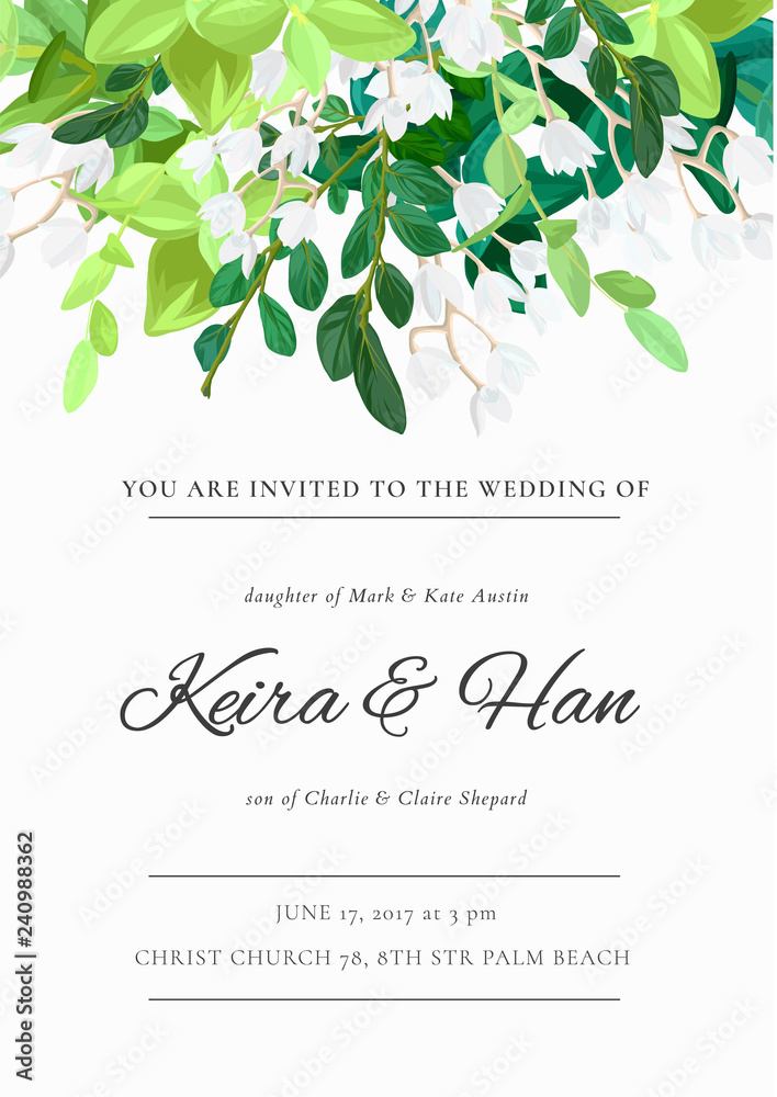 Floral wedding invitation or save the date card with green leaves, succulents, eucalyptus and white may flowers. Vector illustration. - obrazy, fototapety, plakaty 