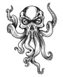Evil skull-octopus mascot in engraving technique. Vector illustration isolated on white. 