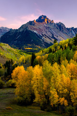 Alpine Glow on Mt Sneffels with Golden Aspen in the Valley