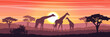 Family of giraffes in the African savanna at sunset. Silhouettes of animals and plants. Realistic vector landscape. The nature of Africa. Reserves and national parks. 