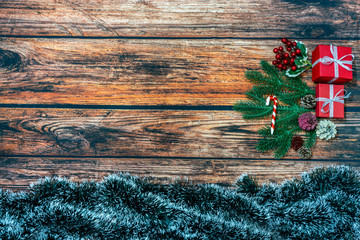 Wall Mural - Christmas decorations and presents on the wooden board