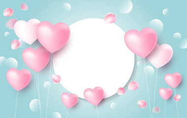 Wall Mural - love banner concept design of heart balloons with rose petals falling on blue background vector illu