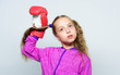 © be free - Girl cute child with red gloves posing on white background. Sport upbringing for leader. Cute kid with sport boxing gloves. Boxing sport for female. Sport upbringing. Skill of successful leader