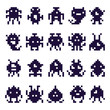 Pixel art invaders silhouette. Space invader monster game, pixels robots and retro arcade games isolated vector icons set