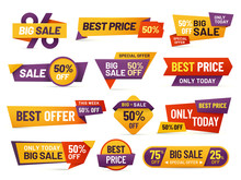 Retail Sale Tags. Cheap Price Flyer, Best Offer Price And Big Sale Pricing Tag Badge Design Isolated Vector Collection