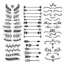 Flower Ornament Dividers. Hand Drawn Vines Decoration, Floral Ornamental Divider And Sketch Leaves Ornaments Isolated Vector Set