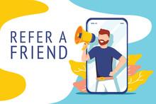 Refer A Friend Vector Illustration Concept, People Shout On Megaphone With Refer A Friend Word, Can Use For Landing Page