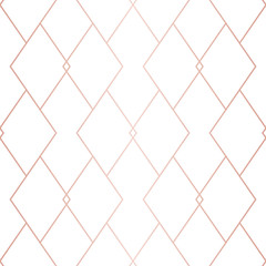 Rose gold linear pattern. Vector geometric seamless texture. Pink and white ornament with delicate grid, lattice, net, rhombuses, thin lines. Abstract graphic background. Premium repeatable design