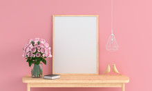 Blank Photo Frame In Pink Room For Mockup, 3D Rendering
