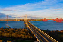Three Bridges, Forth Railway Bridge, Forth Road Bridge And Queensferry Crossing, Over Firth Of Forth Near Queensferry In Scotland