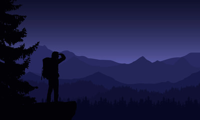 Wall Mural - illustration of night mountain landscape with coniferous forest and tourist under purple sky, vector