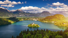 Lake Bled Slovenia. Beautiful Mountain Lake With Small Pilgrimage Church. Most Famous Slovenian Lake And Island Bled With Pilgrimage Church Of The Assumption Of Maria. Bled, Slovenia, Europe.