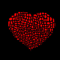 Magical vector illustration bright red heart breaking into pieces on a black background for desing, wallpaper, card, cover page, web site, banner, typographic print.