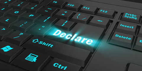 blue glowing Declare key on black computer keyboard, 3d illustration