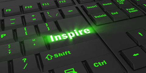 green glowing Inspire key on black computer keyboard, 3d illustration