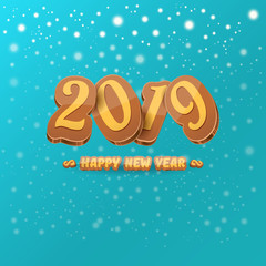 2019 Happy new year design background or greeting card with colorful numbers and greeting text. Happy new year label or icon isolated on azure background with snowflakes