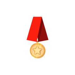 Golden round medal illustration. Round, red band, gold. Competition concept. Vector illustration can be used for topics like tournament, competition, winning