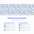 © AlexBlogoodf - Rehabilitation for disabled concept with thin line icons: magnetic therapy, laser, massage, lymphatic drainage, exoskeleton, cryotherapy, suspension system. Vector illustration, web page template.