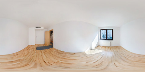 Sticker - Panorama 360 view in modern white empty loft apartment interior of living room hall, full  seamless 360 degrees angle view panorama in equirectangular spherical equidistant projection. VR AR content