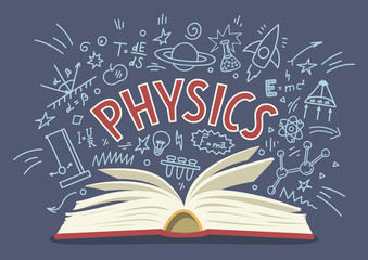 Wall Mural - Physics. Open book with doodles with lettering. 