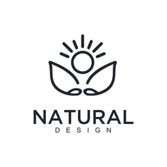 Poster - Vector logo of nature in linear style. Outline icon of simple landscape with trees, sun, fields - business emblems, badge for a travel, farming and ecology concepts, health, spa and yoga Center. - Vec