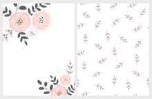 Lovely Pink Bouquet Vector Card And Floral Pattern. Pink Abstract Flowers Gray Twigs And Leaves. Infantile Style  Design. White Background. Funny Floral Art Set.