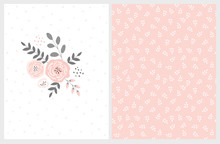 Lovely Pink Bouquet Vector Card And Floral Pattern. Pink Abstract Flowers Gray Twigs And Leaves. Infantile Style  Design. White Background With Delicate Dots. Soft White Leaves On Pink Background.