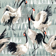  winter seamless background. crane bird. Arctic pattern. Polar nature watercolor illustration. North wildlife. wild animal.