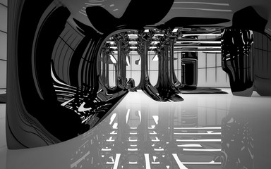 Abstract dynamic interior with white smooth objects and black room . 3D illustration and rendering