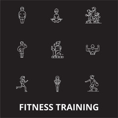 Wall Mural - Fitness training editable line icons vector set on black background. Fitness training white outline illustrations, signs,symbols