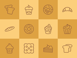 Sticker - Bakery line icon set.Set of line icons on white background. Cupcake, bread, biscuit, pie. Confectionery concept. Vector illustration can be used for topics like sweets, confectionery, bakery, cafe