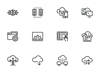 Poster - Network line icon set. Set of line icons on white background. Laptop, setting, file, downloading. Internet concept. Vector illustration can be used for topics like technology, internet, web