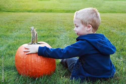 Fotografie, Obraz Young child holding his new pumpkin for Halloween in a grassy field