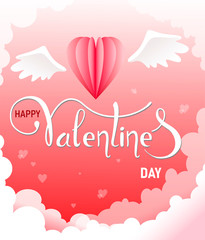 Wall Mural - Happy valentines day greetings card with realistic paper cut hearts shape flying on the wings and clouds on a background of pink sky gradient. Handwriting, Lettering