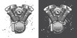 Monochrome vector illustration of a motorcycle engine on a dark and white background.