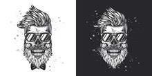 Hipster Skull Wearing Sunglasses With A Mustache And Beard. Monochrome Vector Illustration On White And Dark Background.