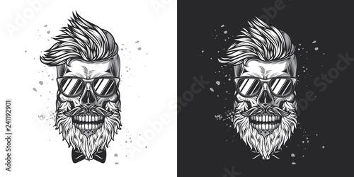 Fototapeta Hipster skull wearing sunglasses with a mustache and beard