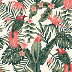 Wall Mural - Tropical plants flowers birds abstract colors seamless