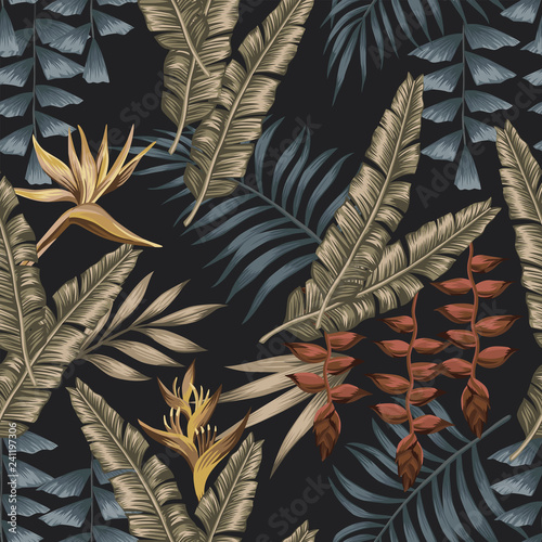 Materiał do szycia Exotic jungle seamless black background