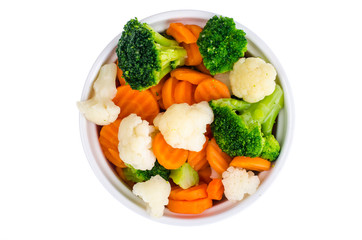 Wall Mural - Boiled carrots, broccoli, cauliflower, vegetarian food ingredients. Healthy lifestyle concept