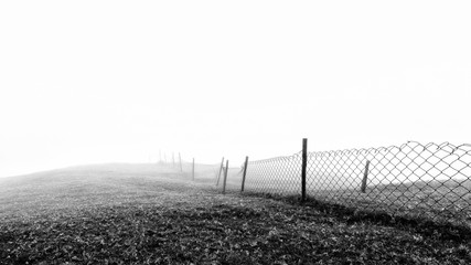 Wall Mural - a very simple minimalistic black and white background of a wired fence in foggy and misty weather co