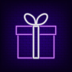 Aufkleber - Gift box neon sign. Bright neon night signboard for sale of holiday advertising. Vector illustration.