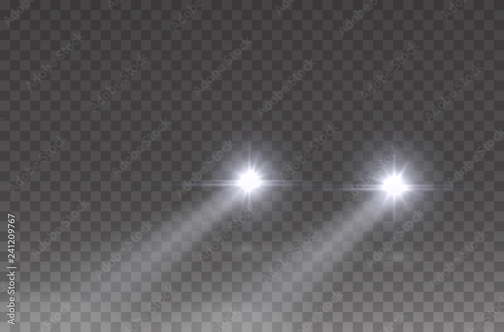 Cars headlight effect. Realistic white round flares beams isolated on transparent background. Vector bright train lights for your design. - obrazy, fototapety, plakaty 