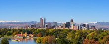 Skyline Of Denver Downtown With Rocky Mountains