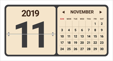 November 2019 monthly calendar vector illustration