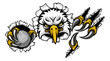 An eagle bird golf sports mascot cartoon character ripping through the background holding a ball
