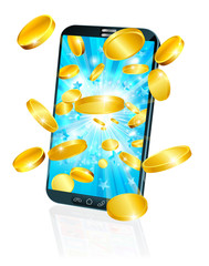 Wall Mural - A mobile or cell phone with gold coin money flying out concept.